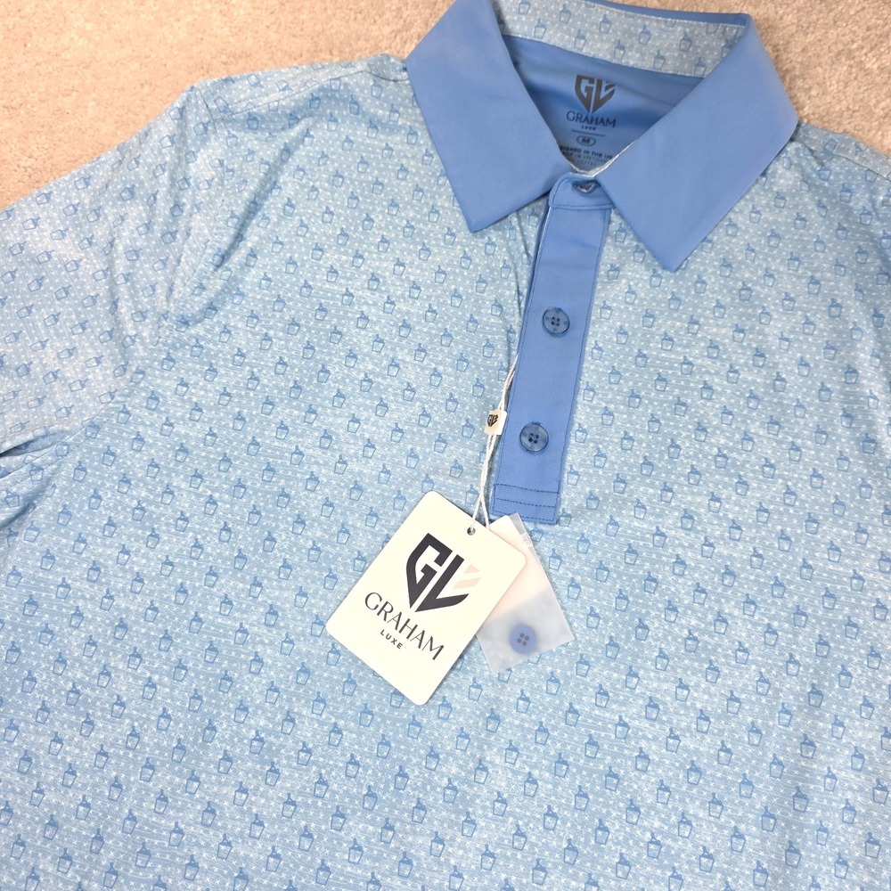 Graham Luxe Odin Polo Shirt Mens M Powder Blue Champagne Bucket Print Logo NWT